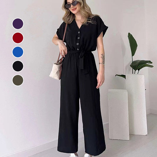 💥Zeitlich begrenzt 66 % RABATT 💕Lässiger Jumpsuit mit V-Ausschnitt und kurzen Ärmeln für Damen