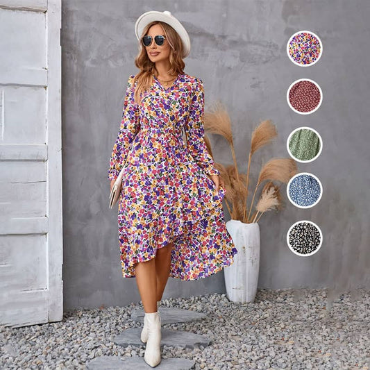 💥Zeitlich begrenzt 65 % RABATT 💕V-Neck Floral Irregular Hem Waist Cinching Dress