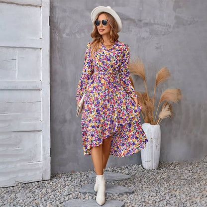 💥Zeitlich begrenzt 65 % RABATT 💕V-Neck Floral Irregular Hem Waist Cinching Dress