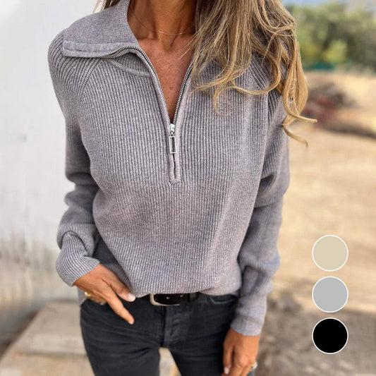 Casual Solid Color Long Sleeve Knit Zipper Sweater